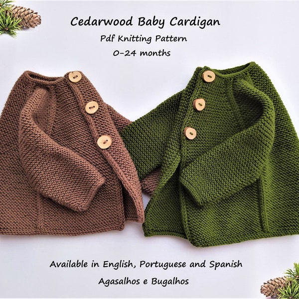 Cedarwood Baby Cardigan Knitting Pattern | Garter Stitch Cardigan | PDF Knitting Pattern | 0-24 Months (English, Portuguese and Spanish)