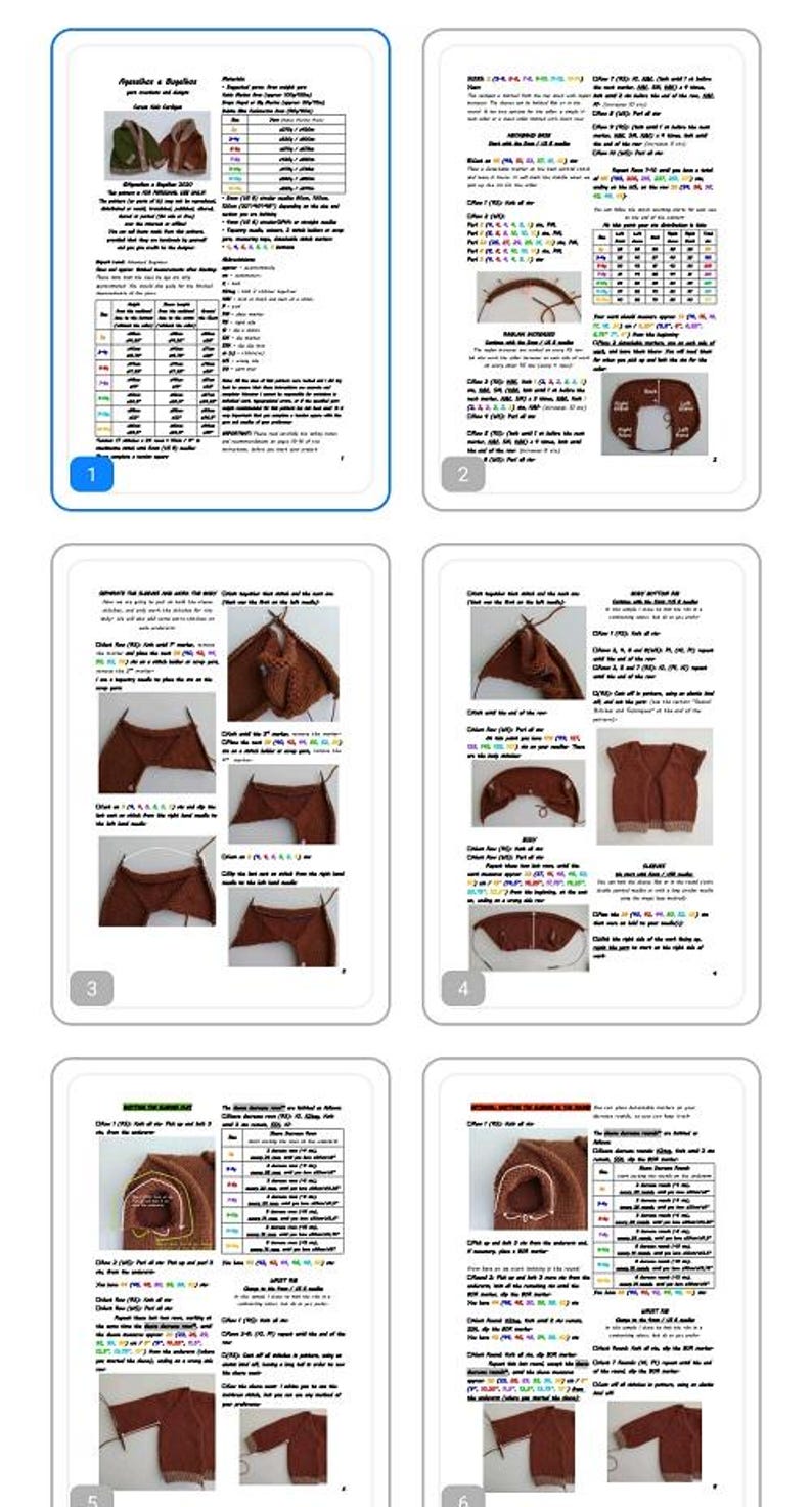 May include: A multi-page digital knitting pattern document titled "Agave & Bayleaf" for a cardigan, featuring detailed text instructions, sizing charts, and step-by-step photographs of brown and green knitted garment construction.