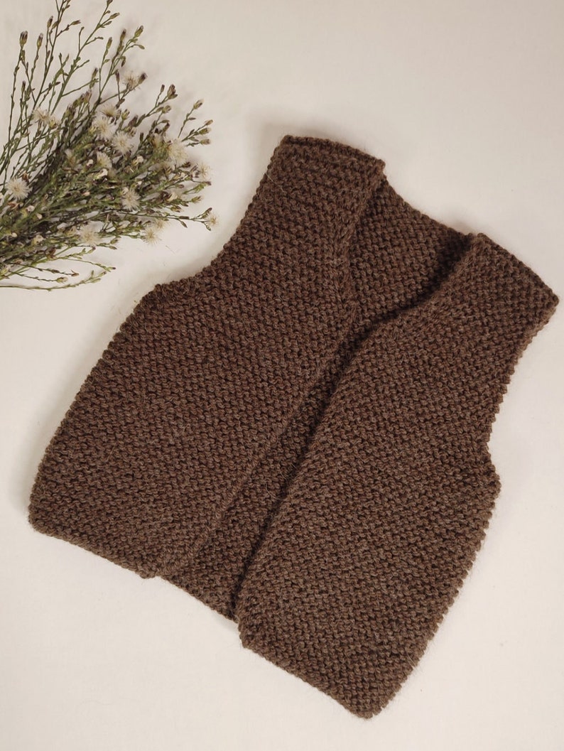 May include: A brown knitted vest with a V-neck.