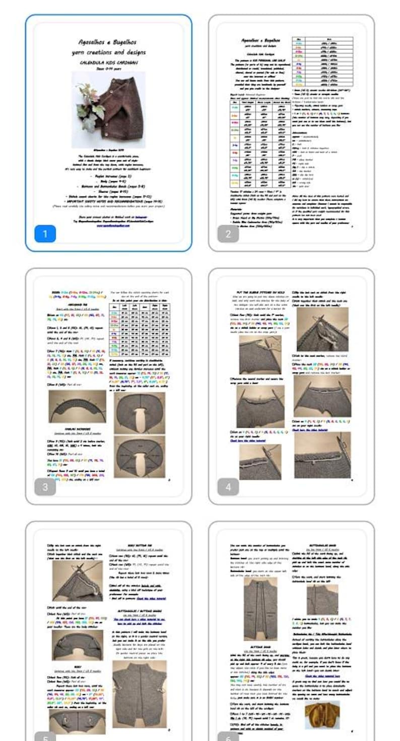 Puede incluir: Un documento digital de patr&oacute;n de tejido de varias p&aacute;ginas titulado Agasalhos e Bugalhos para un c&aacute;rdigan infantil. Las p&aacute;ginas contienen instrucciones escritas, tablas de tallas y fotos paso a paso del proceso de tejido.