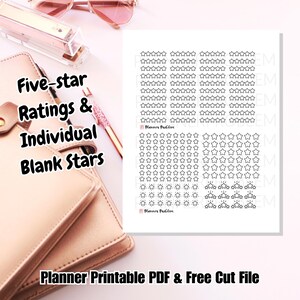 May include: Printable planner stickers featuring five-star rating sets and individual blank stars. The stickers are black and white and have a simple design.