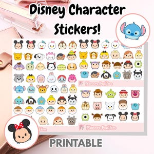 Könnte beinhalten: Blatt mit druckbaren Disney-Charakter-Aufklebern mit Tsum Tsum-Designs von Charakteren wie Mickey Mouse, Minnie Mouse und Stitch. Der Text "Disney Character Stickers!" und "Printable" ist sichtbar.