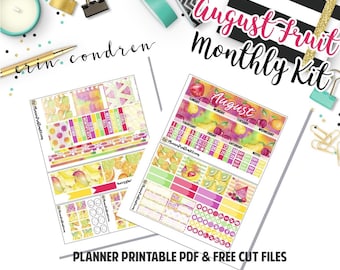 Fresh Fruit! // Printable August Monthly Planner Kit// 2 Pages // Fits Erin Condren Vertical// Included: JPG, PDF, Cut File | PlannerProblem