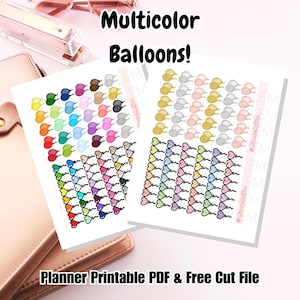 Pode incluir: Adesivos imprimíveis para planejadores com uma variedade de balões coloridos em forma de coração. Os adesivos estão dispostos em filas sobre um fundo branco. O texto "Multicolor Balloons!" está na parte superior da imagem.