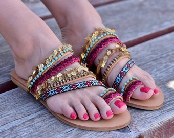 Leather Sandals, Boho sandals, Greek Sandals, African sandals, Indian sandals, Red sandals, Gladiator sandals, Embellished sandals