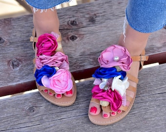 Boho Greek Leather Sandals for women with fuchsia flowers, “Peonia” bohemian sandals