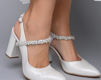 White Wedding Shoes for Bride, Leather Bridal Shoes