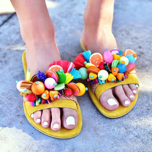 Boho sandals, Yellow Leather sandals, Greek sandals, Beaded sandals, Summer sandals, Handmade sandals, Bohemian sandals, "Colombiana"