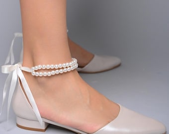 Ivory Leather Wedding Flats: Pearl Ankle Strap Bridal Shoes