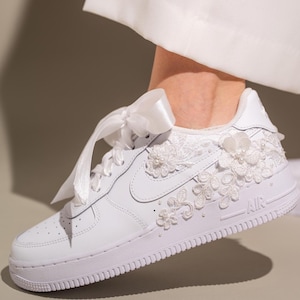 Wedding Personalized Sneakers, Valentine, Graduation Pearl Flower Bridal Shoes, Air Force 1 AF1 White Wedding Custom Sneakers