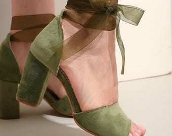 Sage Green Bridal Shoes with Ribbon -  Comfortable Wedding shoes