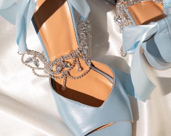 Blue Bridal Shoes with Rhinestone Satin Ribbons – Handmade Wedding Shoes
