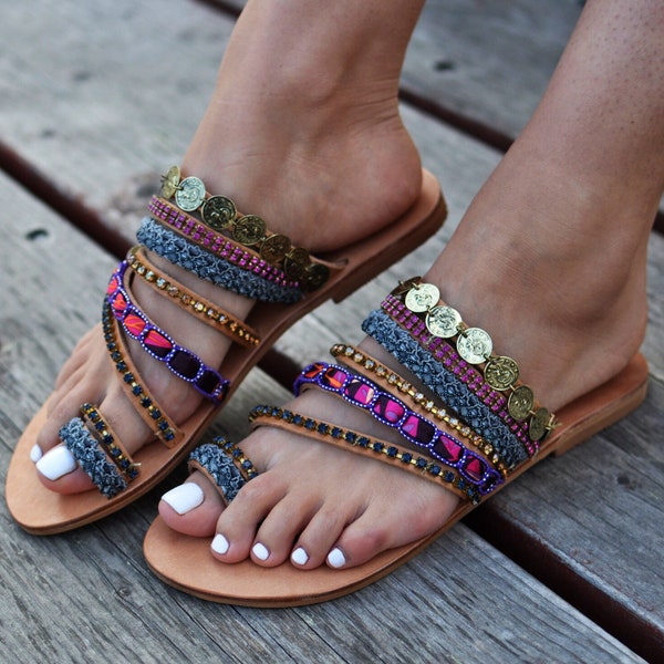 Leather Sandals "Cyrene", Boho sandals, Greek Sandals, Purple sandals, African Sandals, Indian sandals, Slip on sandals, Women sandals