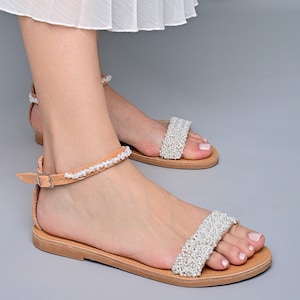 White Satin Flat Sandal with PEARLS and Ankle Strap, Bridesmaid Shoes, Women Sandals, Kids Sandals, Mommy and Me Shoes - SUBTLE BEAUTY