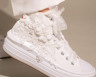 Zapatillas de novia a medida, Converse blancas con plataforma, zapatos para la recepción de la boda.