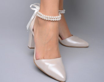 Wedding Shoe For Bride - Bridal Wedge shoes - Bridal block Heels - D'Orsay ankle strap Pearl Heels - Bridal Shoes - AROUND PEARLS