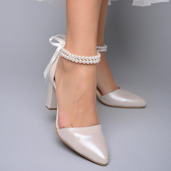 Wedding Shoe For Bride - Bridal Wedge shoes - Bridal block Heels - D'Orsay ankle strap Pearl Heels - Bridal Shoes - AROUND PEARLS