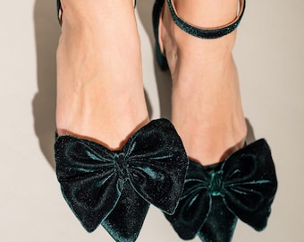 Green Wedding Shoes, Velvet Bridal Shoes, Ankle Strap Block Heel