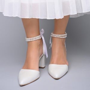 White Leather Almond Toe Block Heel with Pearl Ankle Strap, Women Wedding Shoes, Bridesmaids Shoes, Bridal Shoes, Wedding Lace Heels