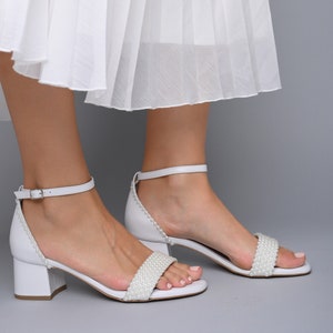 Bridal Shoes low heel for bride, Wedding Shoes, White Wedding Heels, Wedding Shoes Block heel, Pearl Shoes for Wedding - PERLENIA