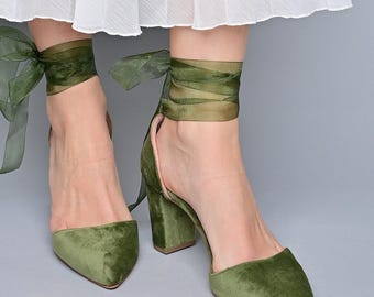 Sage Green Bridal Shoes Block Heels, Handmade Wedding Shoes
