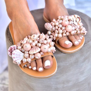 Wedding Sandals, Wedding Shoes, Pearl Sandals, Wedding Leather sandals, Shell Sandals pink, Wedding shoes for bride- Rosie