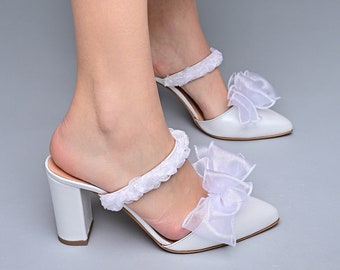 SALE Wedding shoes, Bridal shoes white, Wedding Heels, Pointed Toe shoes, White Mules, heels, Wedding Block Heels - SOMETHING SPECIAL
