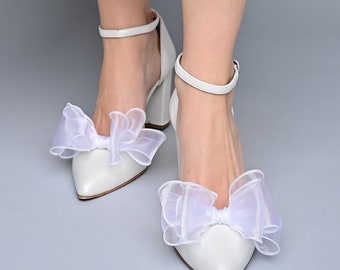White Wedding Shoes: Organza Bow Ankle Strap, Handmade in Greece