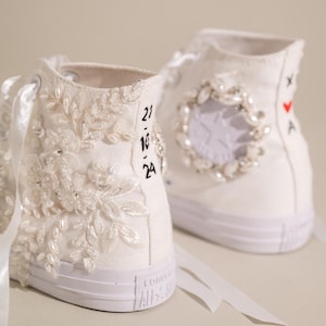 Lace White Wedding Converse, Luxury Wedding Shoes For Reception, High Top Converse For Bride