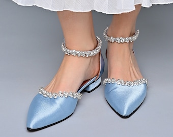 Blue Wedding Shoes, Bridal Shoes blue, Wedding flats, Satin shoes, Blue shoes, Shoes for wedding something blue - SATINA LOVE FLARE