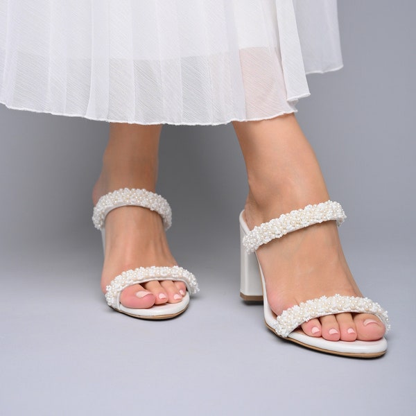 Brautschuhe Perlen, Brautschuhe für Braut Blockabsatz, Brautsandalen für Hochzeit, Hochzeit Sandalen mit Blockabsatz - LETZTE LIEBE