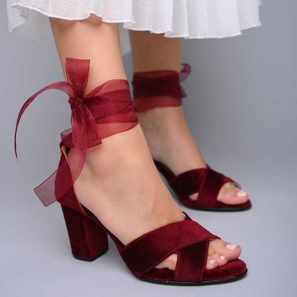 Wedding shoes block heel dark red, Velvet Wedding sandals dark red, Bridal sandals for bride, Velvet Bridal shoes - TULLENIA X