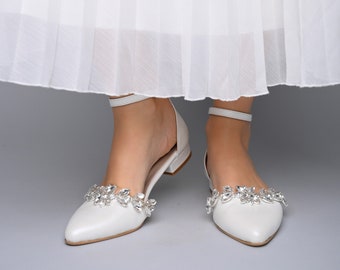 White Wedding shoes, Bridal shoes flat, Handmade Leather shoes for bride, Bridal ballet shoes for wedding - SHINY WREATH