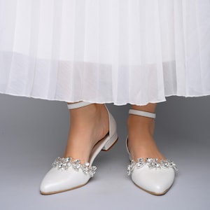 White Wedding shoes, Bridal shoes flat, Handmade Leather shoes for bride, Bridal ballet shoes for wedding - SHINY WREATH