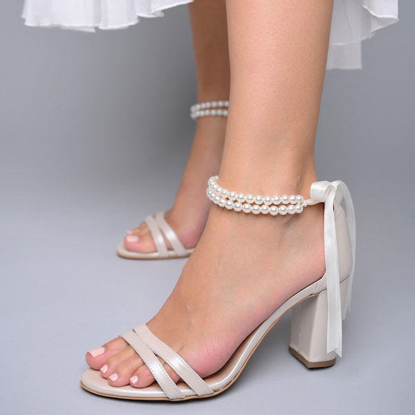 Bridal Shoes, Wedding Shoe For Bride, Ivory Bridal Wedge shoes, White Bridal block Heels, Open Toe Shoes with Pearl Ankles - AROUND PEARLS