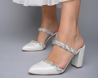 Wedding shoes white, Bridal Shoes, Wedding Heels, Shoes for brides, White Heels for bride, Wedding shoes Block Heel, Pointed Mules -Chloris