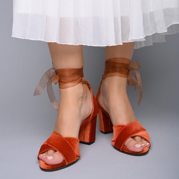 Velvet Wedding shoes for bride copper, Velvet block heels, Bridal shoes heels, Bridal sandals for wedding, Wedding sandals - TULLENIA X