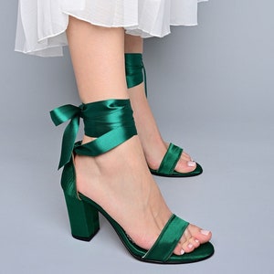 Green Wedding shoes, Dark Green Satin Block Heels, Green Bridal Shoes, Vintage wedding shoes, Wedding sandals, Satin Heels - SATENIA