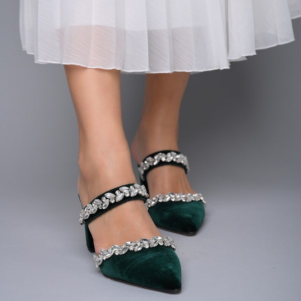 Dark Green Velvet Block Heels, Green Wedding shoes, Velvet block Wedding Heels, Jeweled Heels, Wedding Block Heels, Pointed Mules - Chloris
