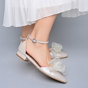 Ivory Leather Pointy Toe Flats with Front Satin Bow, Wedding Shoes, Bride Shoes, Bridesmaids Shoes - LOVE YOUR CURVES