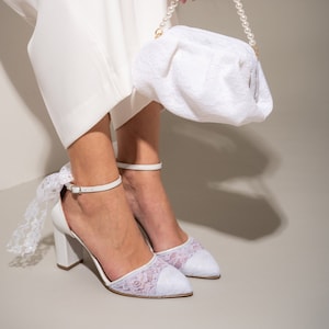 White Lace Block Heel Wedding Sandals with Back Bow