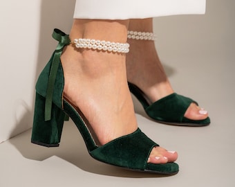 Chaussures de mariée vertes, talons de mariée vert foncé, chaussures de mariée, chaussures vert émeraude, chaussures en velours, talons pour mariage, chaussures de mariage en perles -