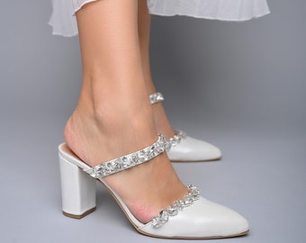 Bridal shoes for bride, White Wedding Shoes, Wedding Heels, Wedding Pumps, White Heels for bride, Block Heels, Pointed Toe Mules - Chloris