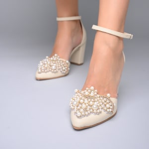 Wedding Shoes ivory, Bridal shoes block heel, Wedding block heels, Handmade leather Wedding Heels - ERKINA HIGH