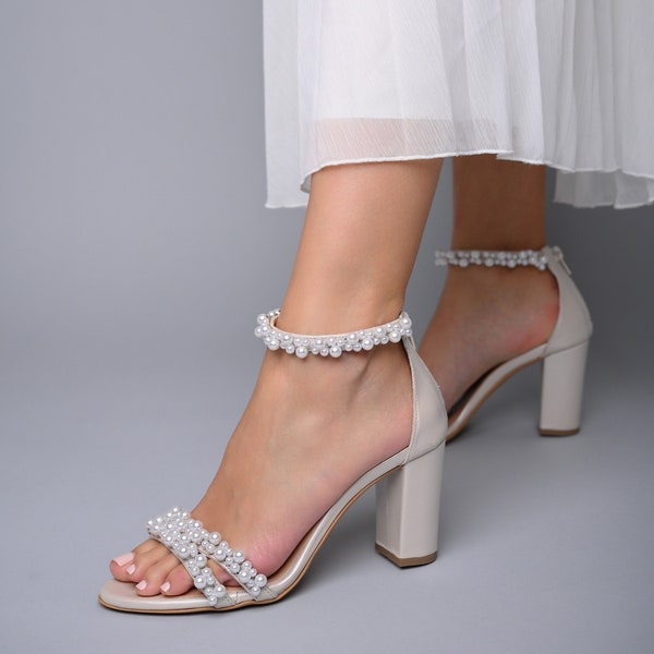 Block heel wedding ivory leather sandals, Handmade wedding shoes, Bridal heels, Wedding heels, Ivory leather wedding shoes - BUBBLE TROUBLE