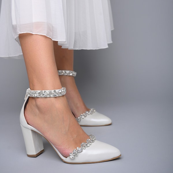 Wedding Shoes for bride, Pointed Toe dorsay High Heels, Bridal shoes block heel, Wedding block Heels white, Bridal shoes heels - JUST PETALS
