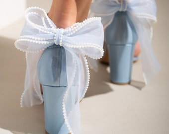 Sandalias de tacón de bloque de cuero azul con ORGANZA BACK BOW - Zapatos de boda para mujer, zapatos de damas de honor, zapatos de novia, zapatos de vacaciones