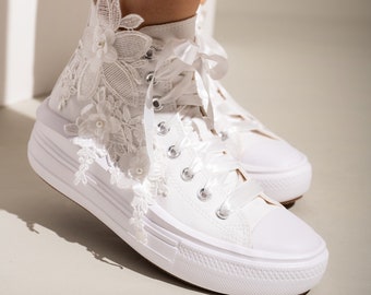 Lace White Wedding Converse, Luxury Wedding Shoes For Reception, High Top Converse For Bride