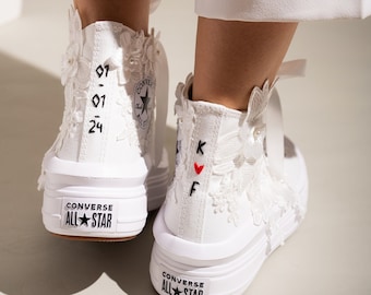 Luxury White Wedding Trainers For Bride, Lace Converse High Top, Bridal High Top Sneakers with Lace