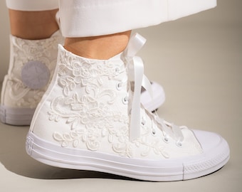 White Wedding Converse High Top, Custom Converse shoes, Lace High Top Converse For Bride, Wedding Sneakers